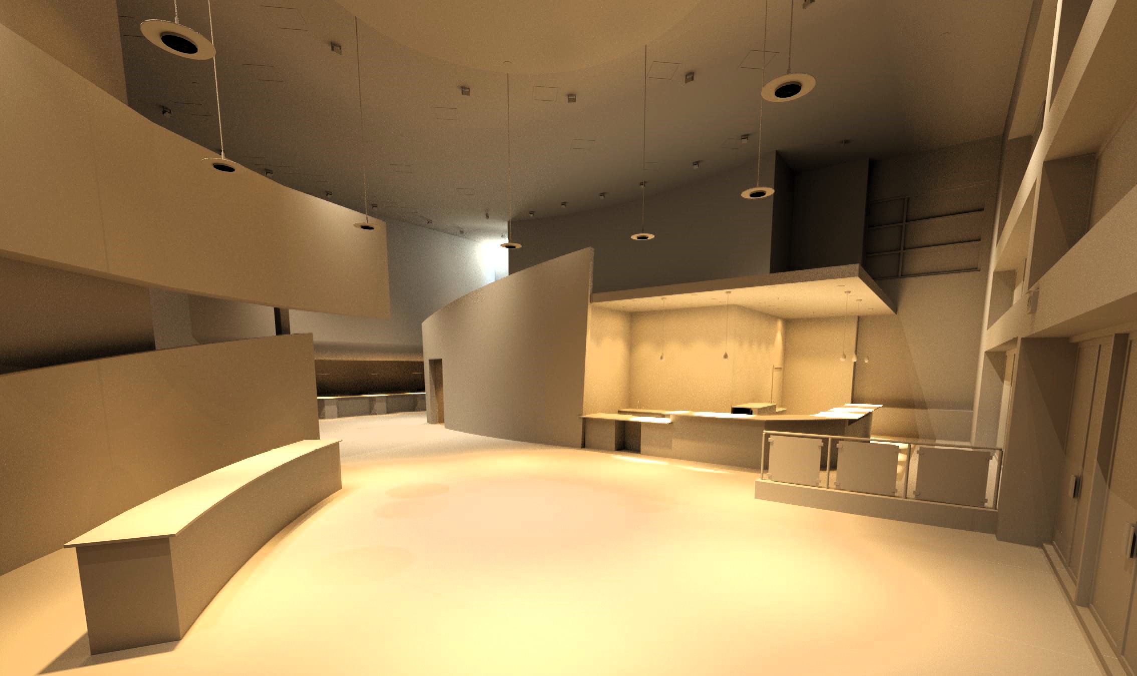 A 3D model rendering of the lobby, ticketing, and bar area for the AMC project.