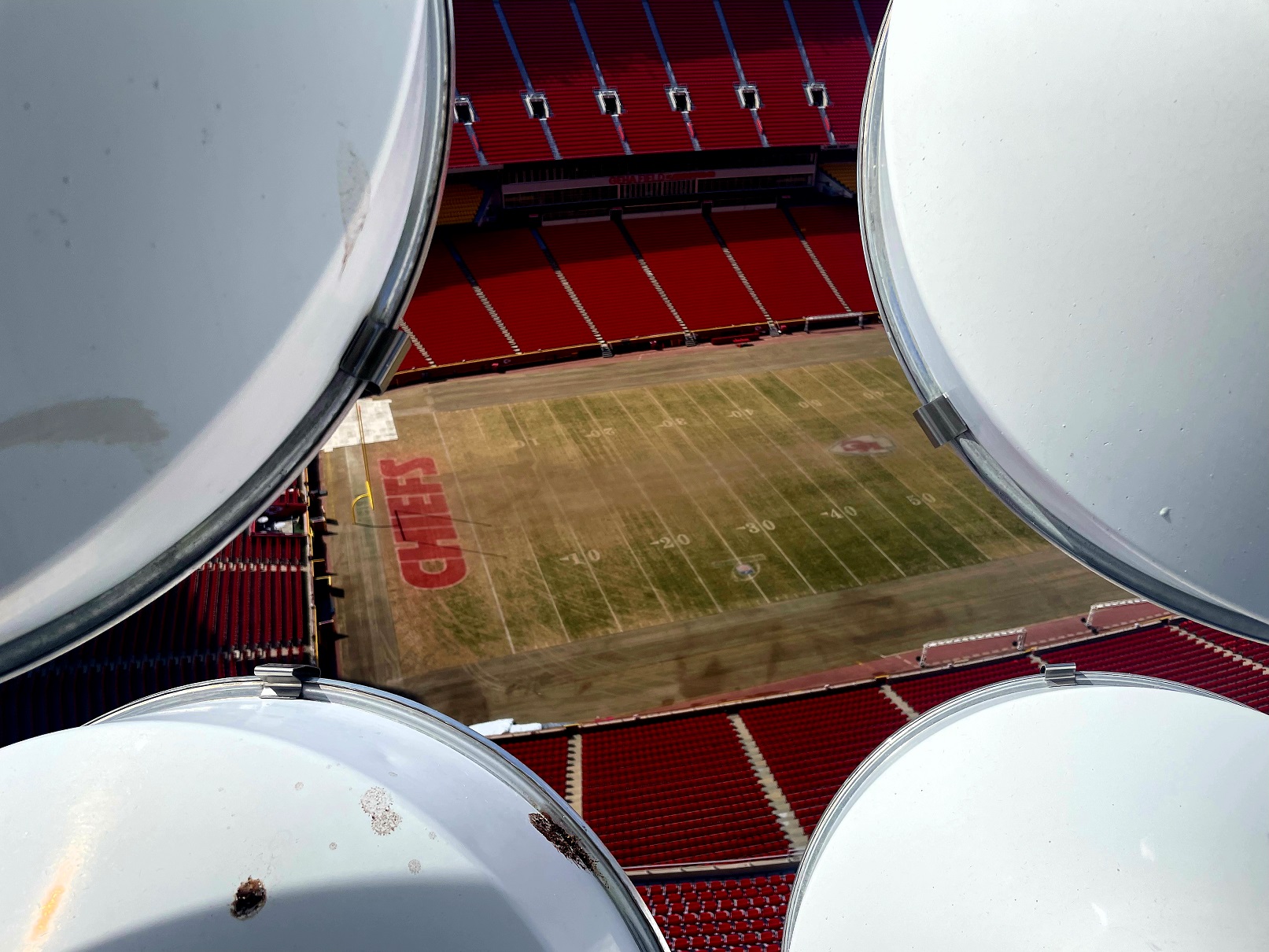 Looking down from Arrowhead's lighting structures during Rogue Visual Design's LiDAR scanning process for the stadium upgrade.
