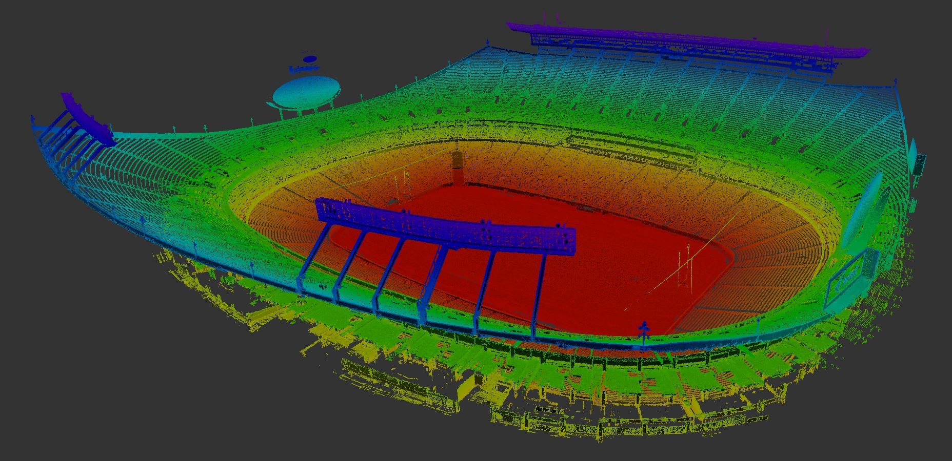 A full 3D LiDAR scan of Arrowhead's stadium bowl, with colors representing elevation differences to guide planning and fabrication.