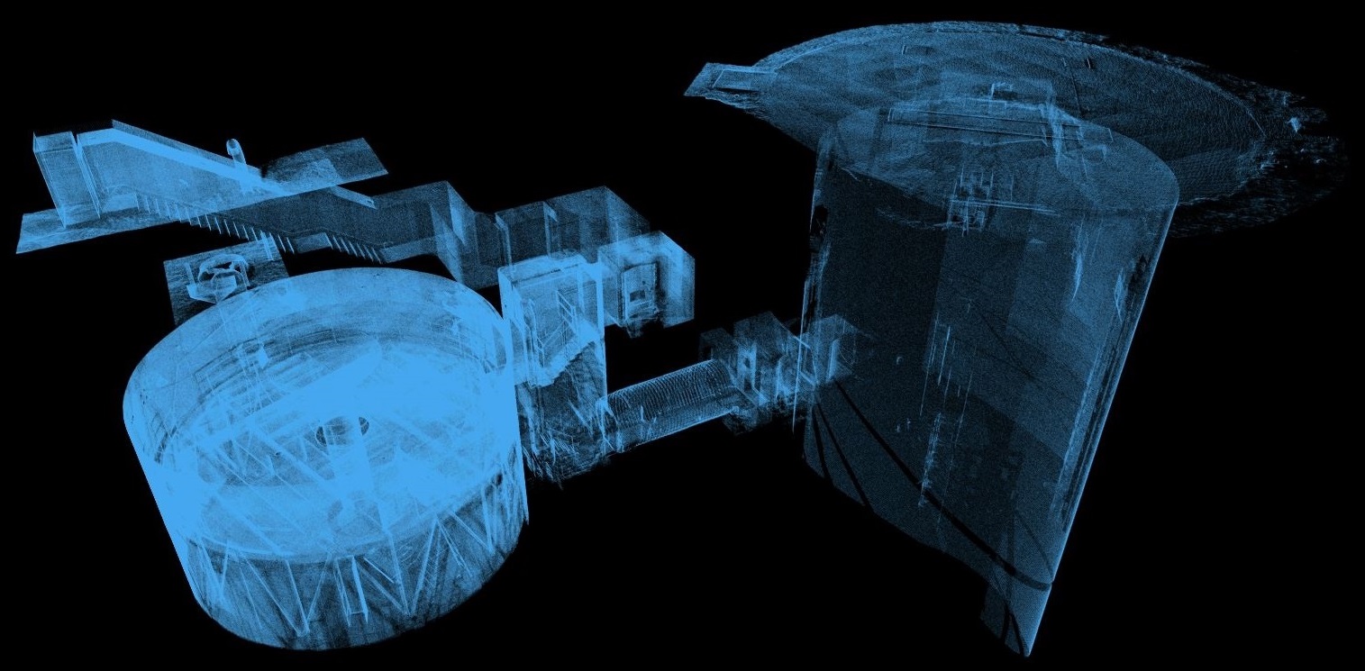 A laser scan point cloud of the Atlas F missile silo complex, colorized to show spatial depth.
