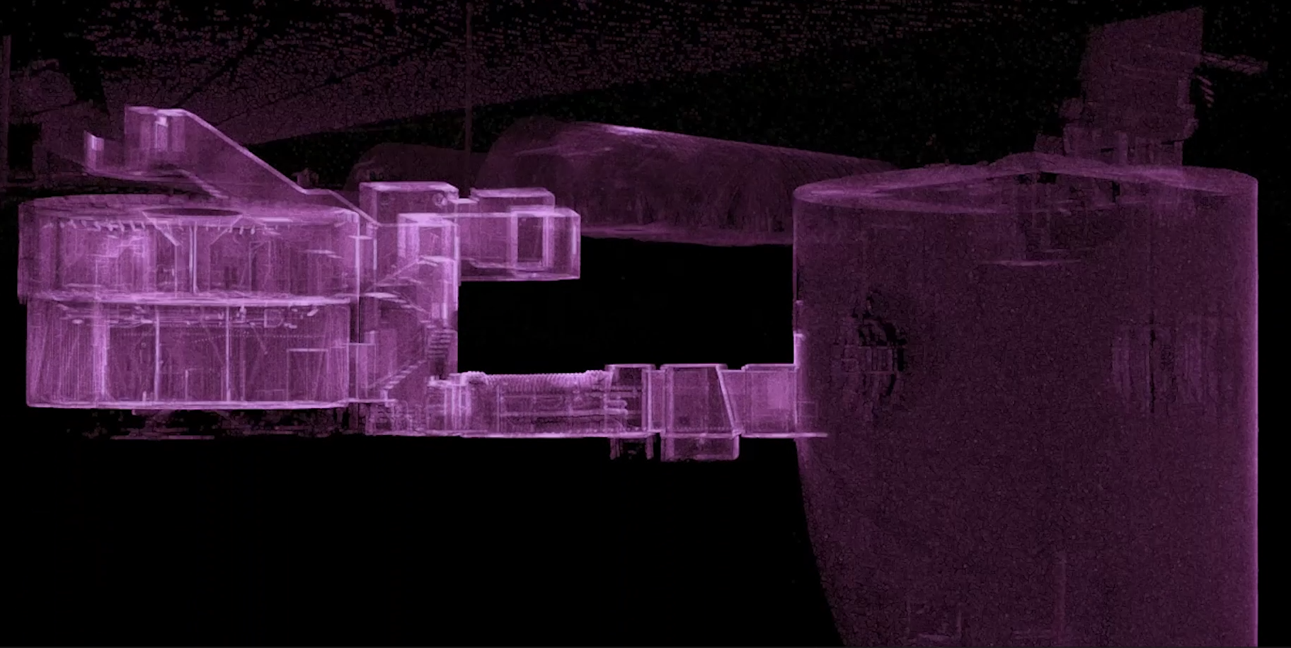 A ghosted 3D point cloud showing the underground layout of an Atlas F silo, including the missile tube and Launch Control Center.