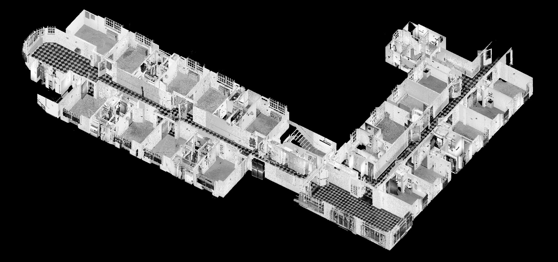 A slice through a detailed point cloud reveals the numerous rooms and features of the facility's expansive footprint.
