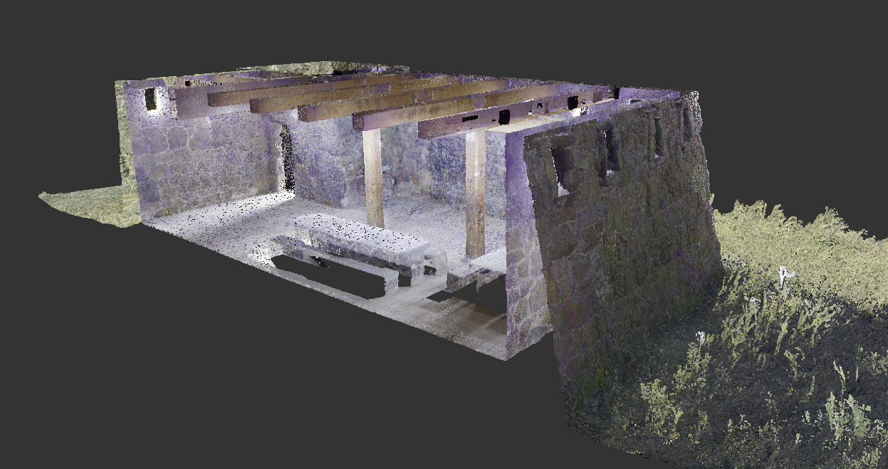 A cross-section through the colorized 3D point cloud of historic Coronado Heights showing the castle structure and surrounding terrain.