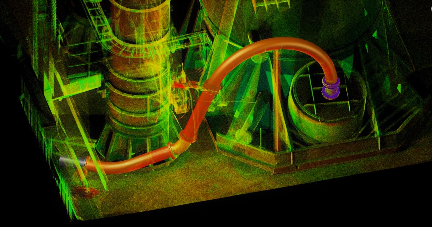 LiDAR scan showing the reconfigured fuel pipe from the fall wall flange to the new spout, captured safely without shutdown.