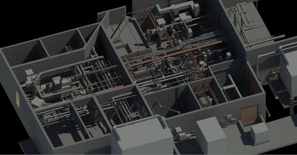 A complex Revit model of the hospital chiller and mechanical rooms, developed from LiDAR scans.