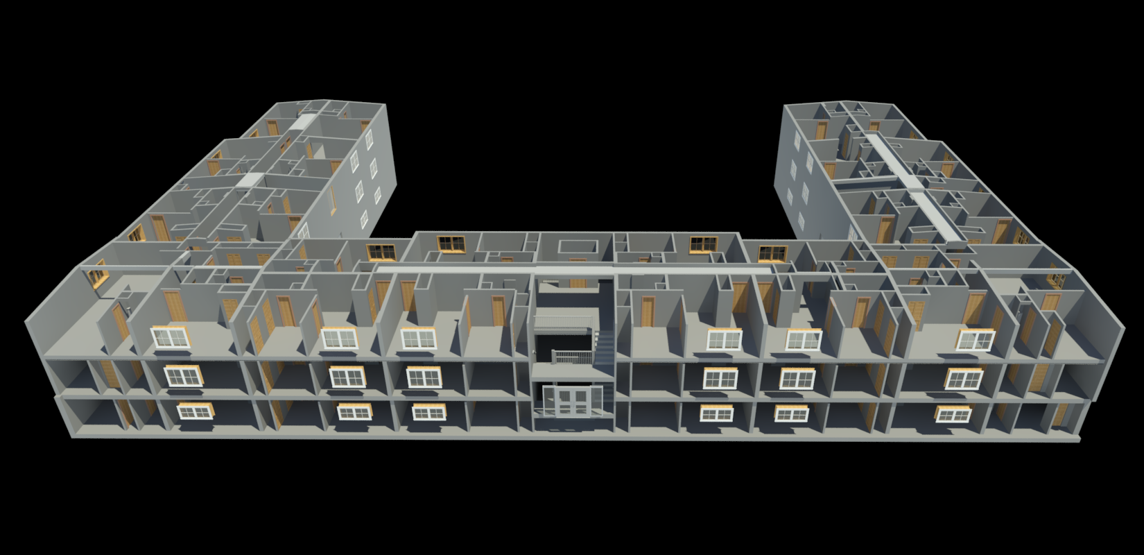 Cutaway view of the LOD 300 Revit model showing the interior layout of Building D.