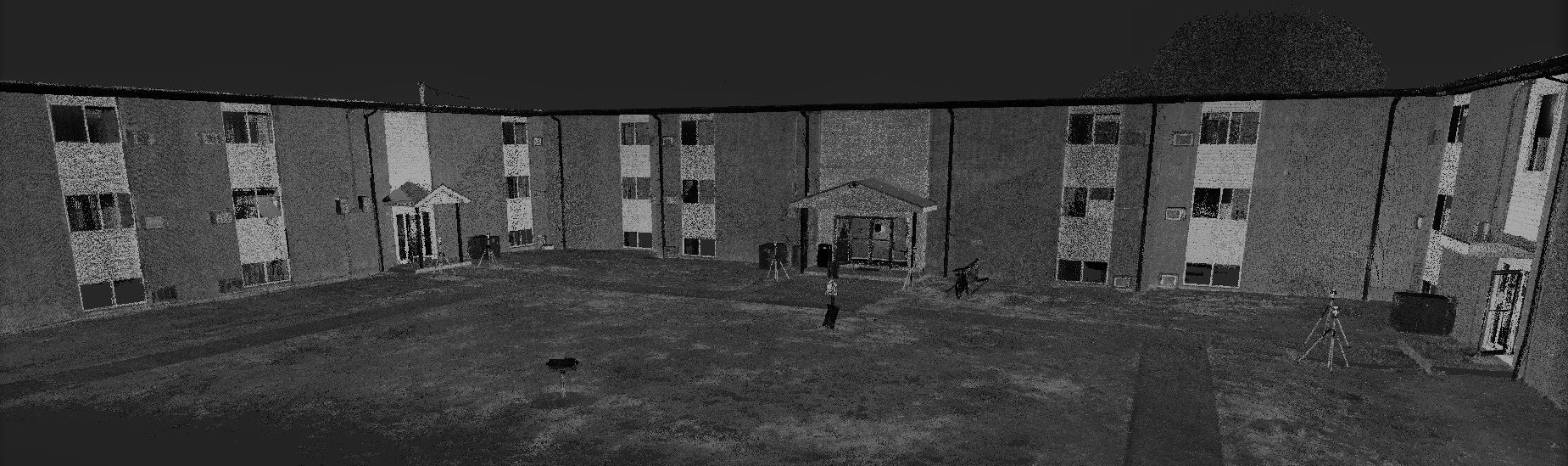 Point cloud of the building's exterior generated from numerous LiDAR scans.