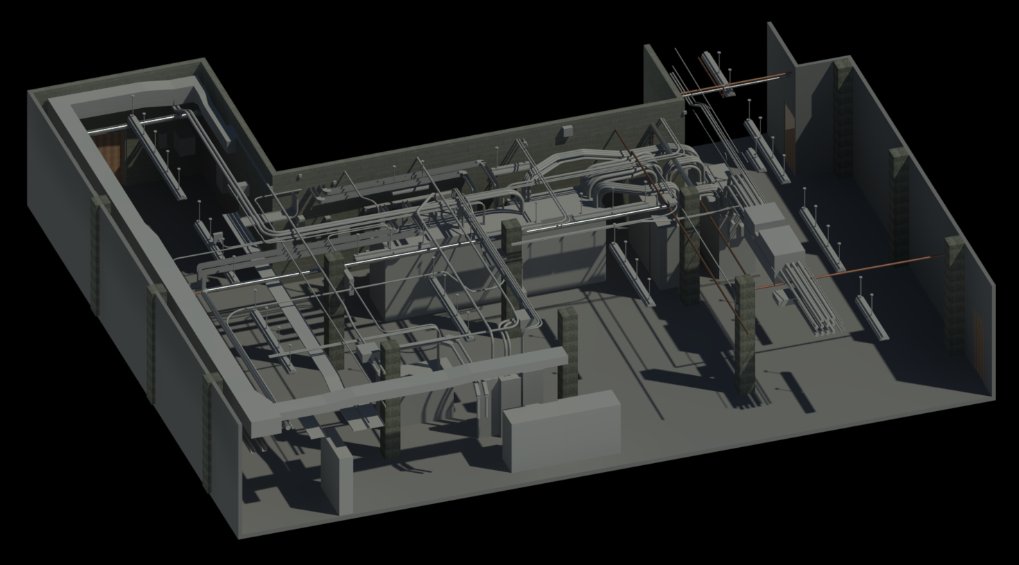 A detailed Revit model of a battery room created from LiDAR scans.