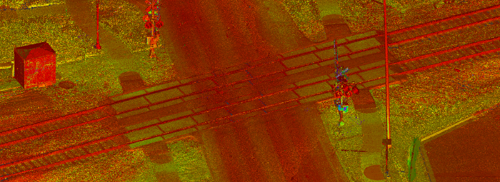 Laser scan point cloud of railroad crossing.