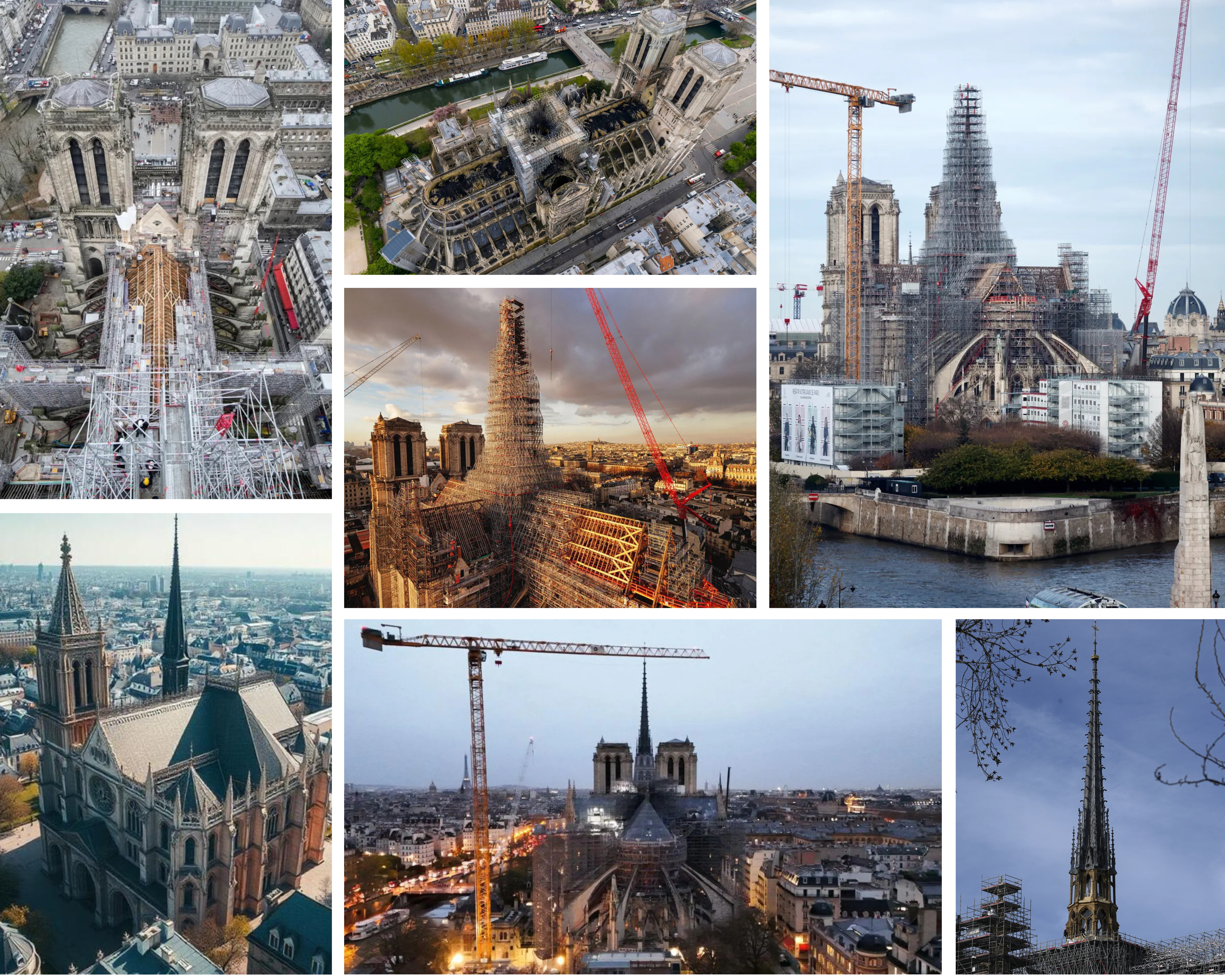 A collage of images showcasing the reconstruction efforts of Notre-Dame Cathedral in Paris after the 2019 fire. The photos depict scaffolding surrounding the structure, cranes in action, and various stages of restoration from aerial and ground perspectives. Key features include workers repairing the cathedral’s roof, the partially rebuilt spire, and progress on the intricate scaffolding framework. The images highlight the extensive engineering and architectural work involved in restoring this iconic Gothic landmark to its former glory.