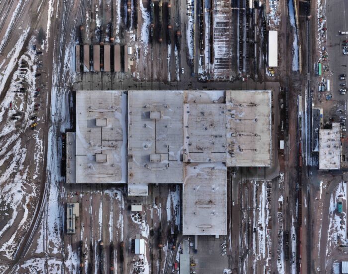 Orthomosaic image of a BNSF maintenance facility and surrounding rail yard.
