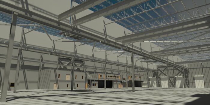 Rendering of a Revit model.  The model is of a BNSF heavy maintenance facility.  Two levels of offices are in the background.  The building is large with 50 foot ceiling.  The steel for an overhead crane runs through the middle of the rendering.  