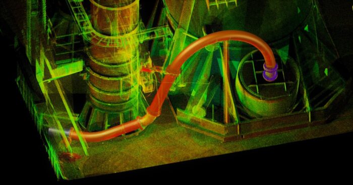 A 3D AutoCAD model.  The LiDAR / laser scan background were captured at a cement plant.  The new Alternative Fuel Pipe is routed from a flange on the left to a spout/flange on the right.  The pipe has long curves to allow the ground up solid fuel to be blow through the pipe.