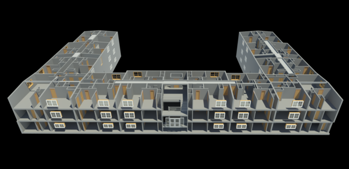 Computer rending of a 3D Revit model. The image show a 3 story apartment complex arranged in a "U" shape. The roof and several exterior wall have been removed to expose the interior rooms and halls. One of the three stairwells is visible in the middle of the building.