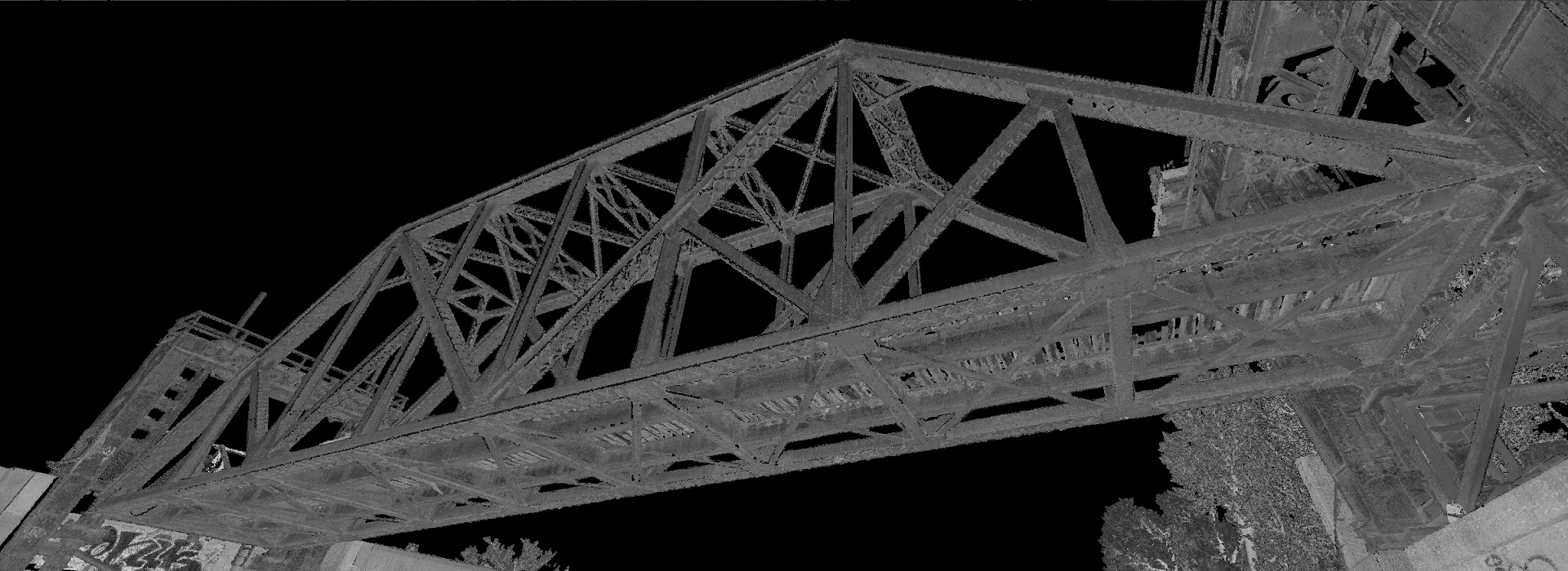 LiDAR / Laser scan of the Rock Island Bridge in Kansas City. The bridge is a steel Pennsylvania truss railroad bridge that began service in 1905. It spans 702 feet over the Kansas river near the old stockyards in Kansas City.