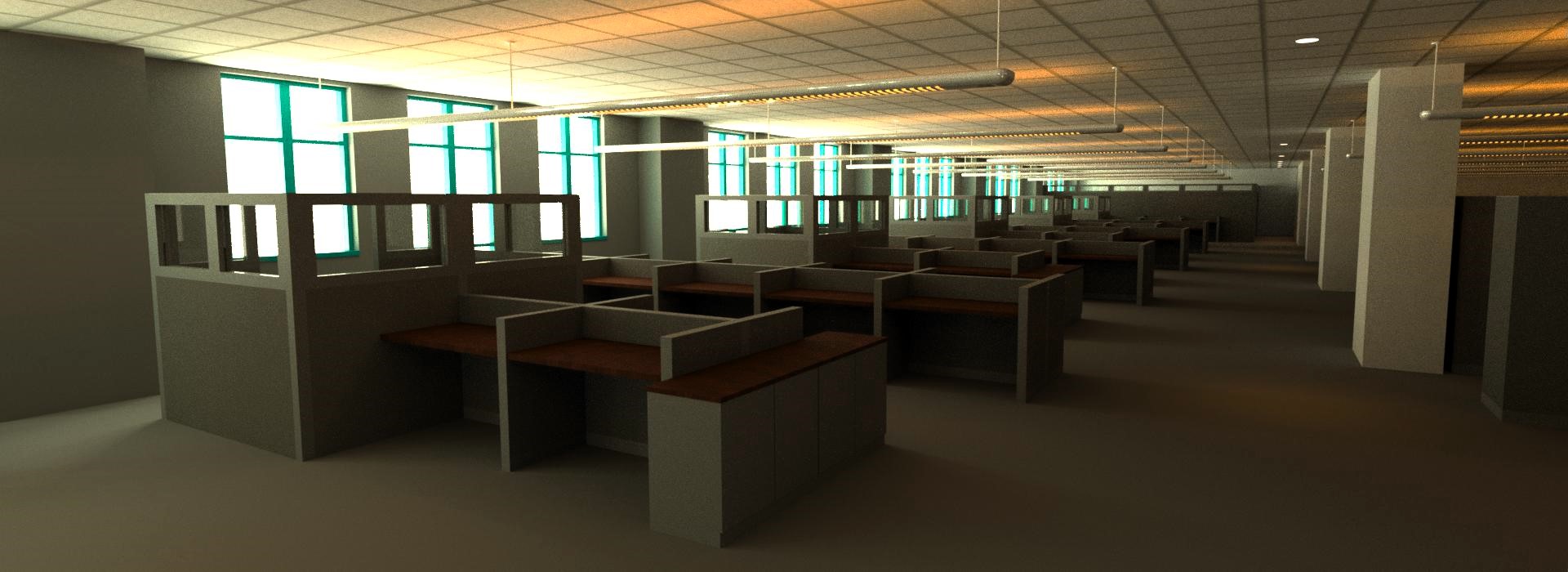 Revit rendering of an office space created from laser scan point cloud. The image shows a row of cubicles along exterior windows. To the right of the cubicles is a walk way with a row of rectangular columns. A second row of cubicles are just to the right of the columns.