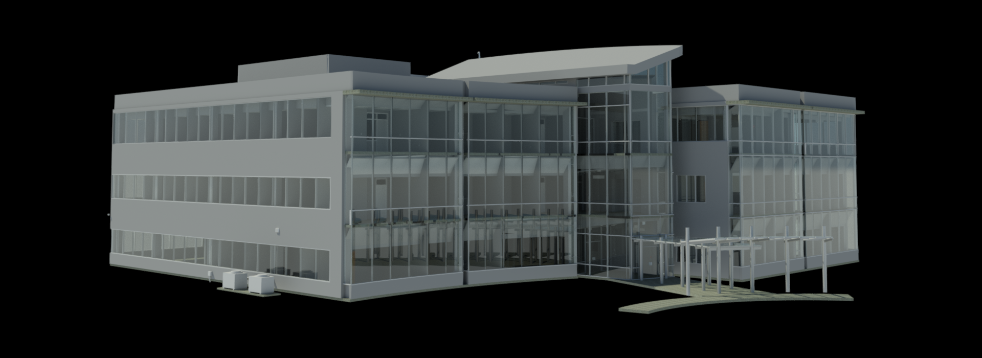 Rendering of an office building. The Revit model is of a 3 story building. The front façade it glass. The sides have 3 rows of glass separated horizontally by stucco. The building has a covered walk running from a circular sidewalk to the main entrance.