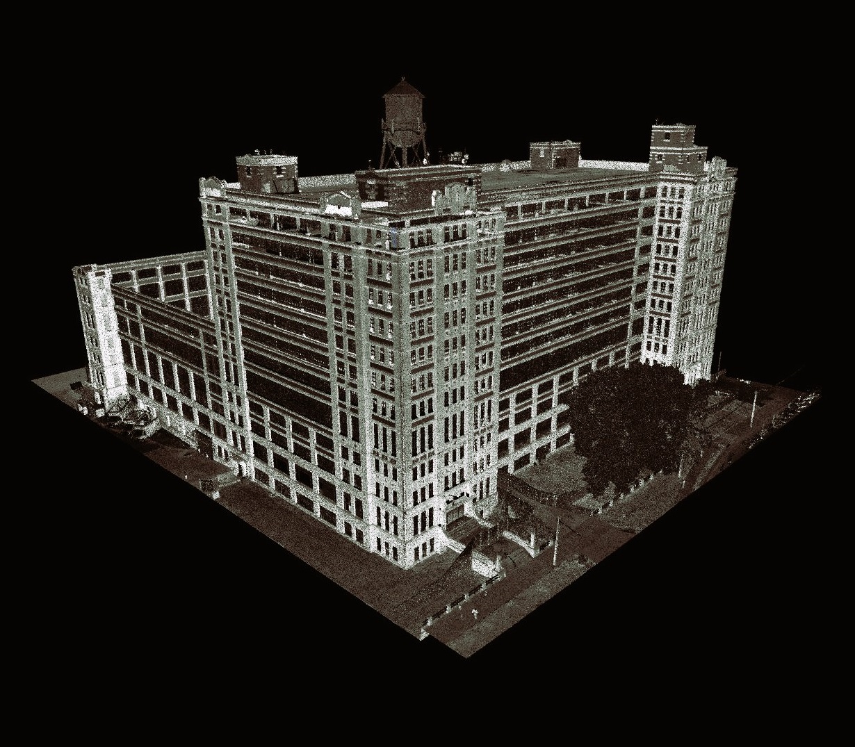 Screen shot of the black and white point cloud of building 01 at the Historic Northeast Lofts. This image shows the building 12 story exterior from slightly above the roof top. The water tower and air raid siren are visible on the roof.