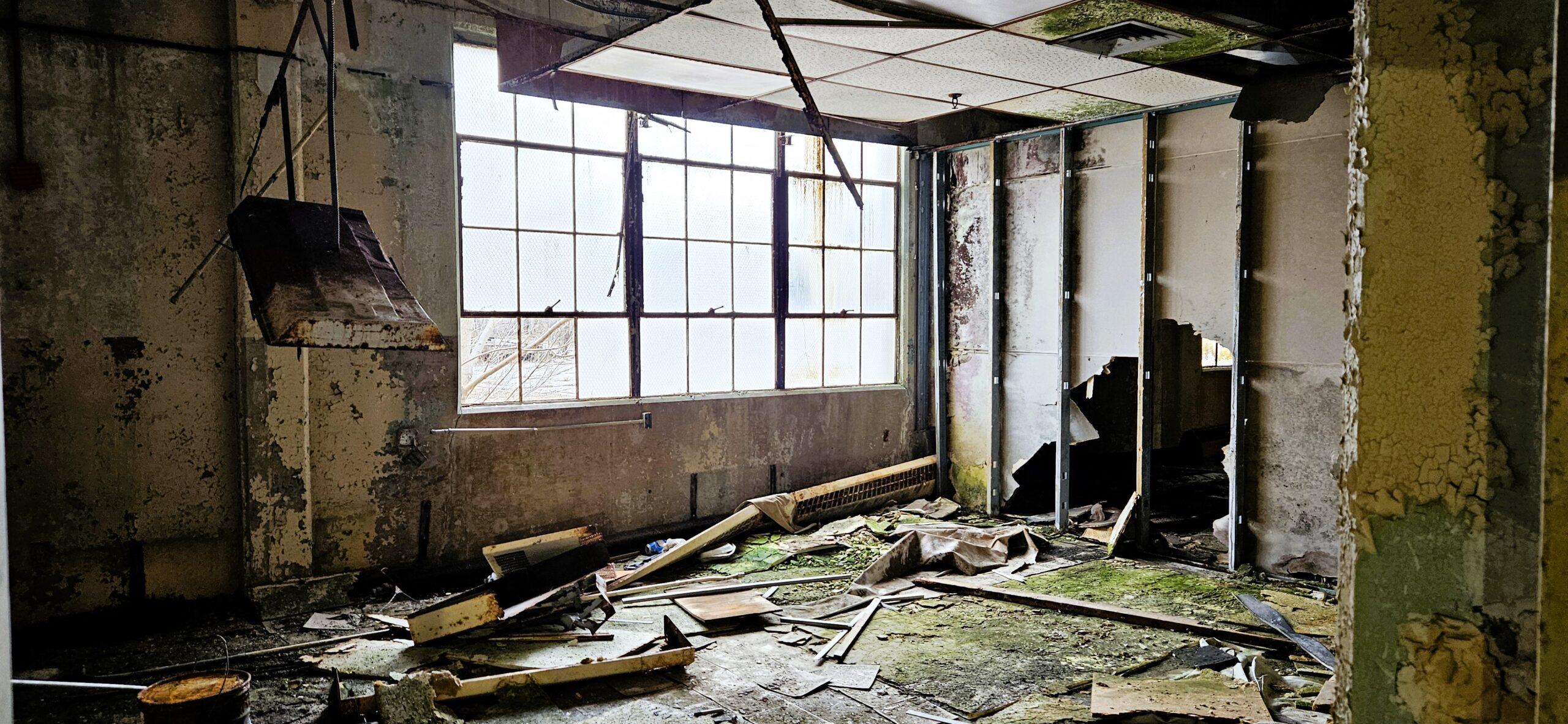 Photo from the interior of Building 7 at the Historic Northeast Lofts. The image shows a room in sever disrepair. Green mold is growing on the floor and ceiling. Multiple ceiling tiles have collapsed onto the floor from water. The cream-colored paint on the concrete walls is cracking and falling away. There is a steel stud wall with a large hole in it and a light fixture hanging from its flexible electrical conduit several feet below the 10 foot ceiling.