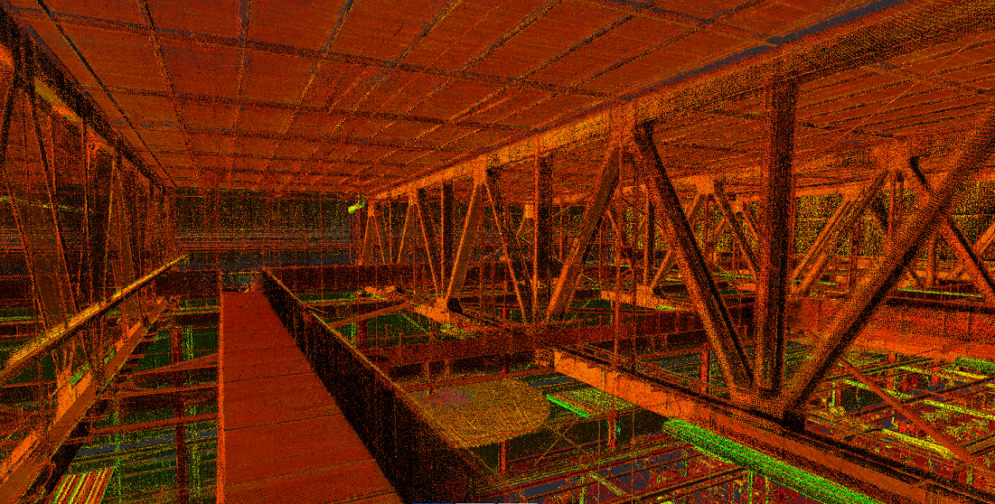 The image is a screen shot of a laser scan point cloud.  It is of several roof trusses, HVAC duct, horizontal cross bracing, and lights can be seen hanging below the trusses.  The images are false color indicating the percent of energy returned to the scanner.