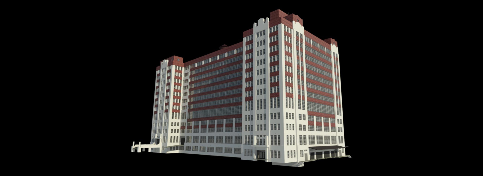 A 3D-rendered model of the historic National Cloak and Suit Company Building in Kansas City, featuring its distinctive early 20th-century industrial architecture with a red and white façade and large windows.