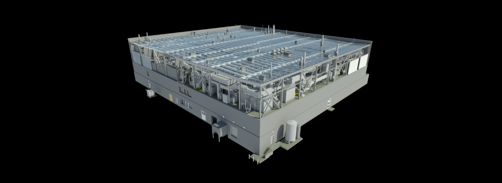 A detailed 3D model of an industrial facility, showcasing structural components, piping, and equipment on the upper levels, with a complex steel framework supporting the roof.