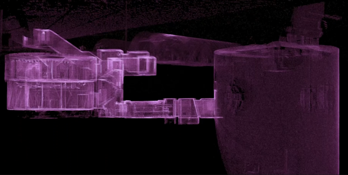 A simi-translucent or X-Ray point cloud showing the underground layout of an Atlas F missile silo with tunnels, crew area, and missile tube.
