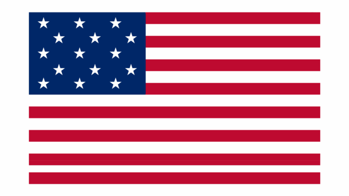 1795 U.S. flag with 15 stars in rows and 15 alternating stripes, representing the addition of Vermont and Kentucky.